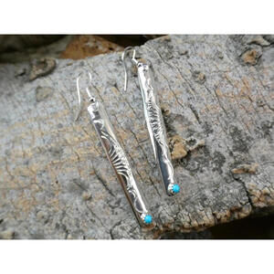Turquoise Native American Handmade Hand Stamped Curved Bar Stick Earrings